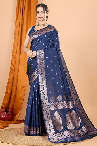 navy blue zari work banarasi silk blend saree with blouse