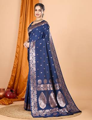 navy blue zari work banarasi silk blend saree with blouse 3