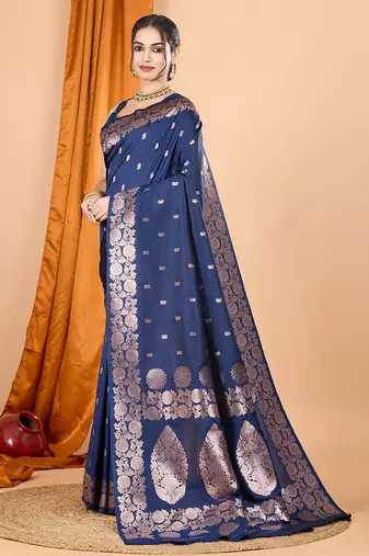navy blue zari work banarasi silk blend saree with blouse
