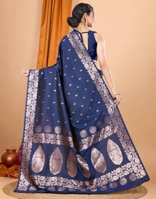 navy blue zari work banarasi silk blend saree with blouse 4