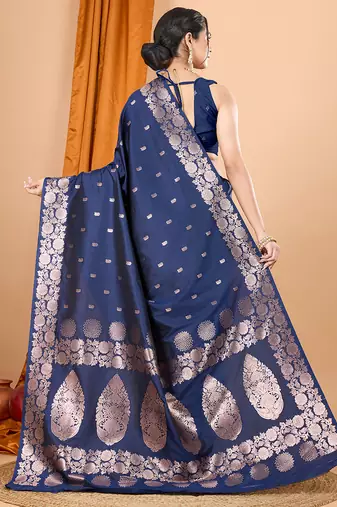 navy blue zari work banarasi silk blend saree with blouse