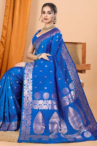 blue zari work banarasi silk blend saree with blouse