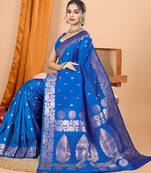 blue zari work banarasi silk blend saree with blouse