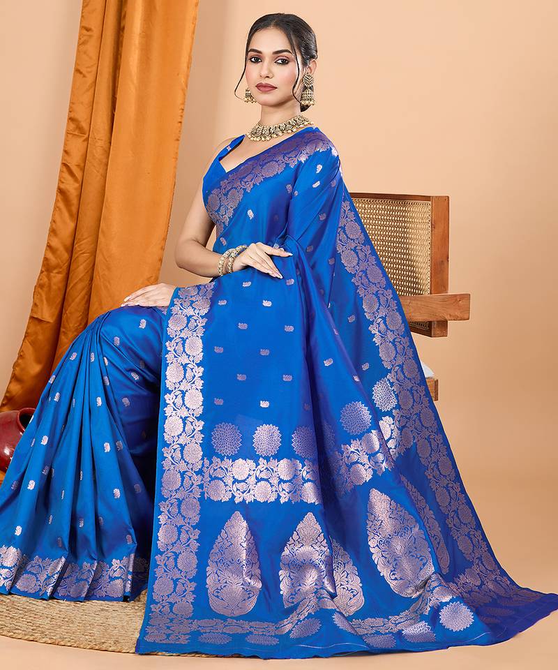 Blue zari work banarasi silk saree with blouse