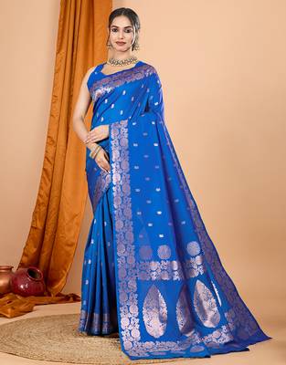 blue zari work banarasi silk blend saree with blouse 2