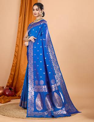 blue zari work banarasi silk blend saree with blouse 3