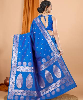 blue zari work banarasi silk blend saree with blouse 4