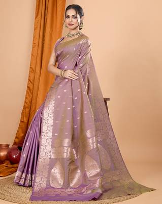 lavender zari work banarasi silk blend saree with blouse 1