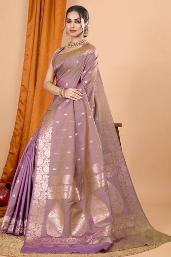 lavender zari work banarasi silk blend saree with blouse