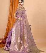 lavender zari work banarasi silk blend saree with blouse