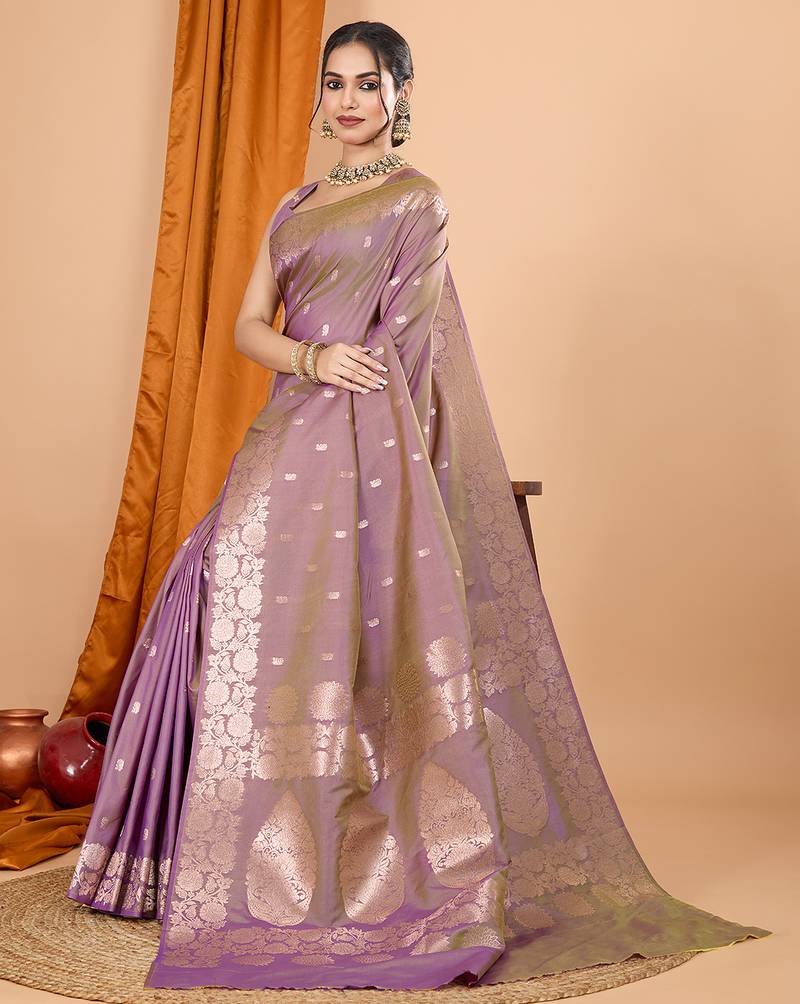 Lavender zari work banarasi silk saree with blouse
