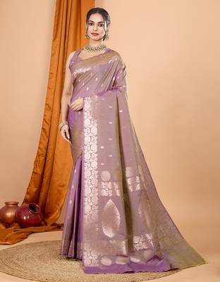 lavender zari work banarasi silk blend saree with blouse 2