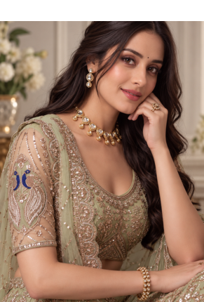 Light Green Color Embroidered,Beads,Zari And Sequins Work Net Lehnega Choli 2