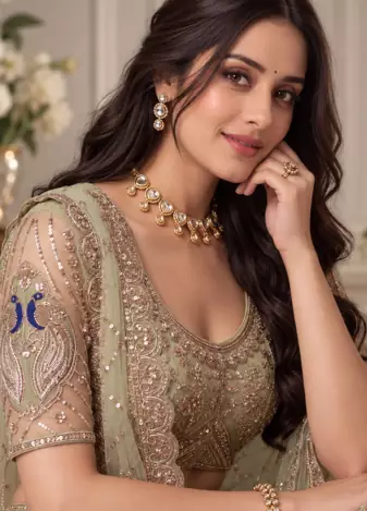 Light Green Color Embroidered,Beads,Zari And Sequins Work Net Lehnega Choli