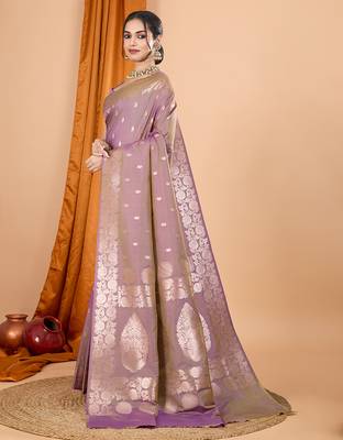 lavender zari work banarasi silk blend saree with blouse 3
