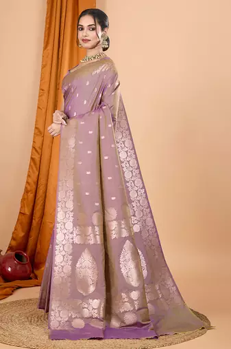 lavender zari work banarasi silk blend saree with blouse