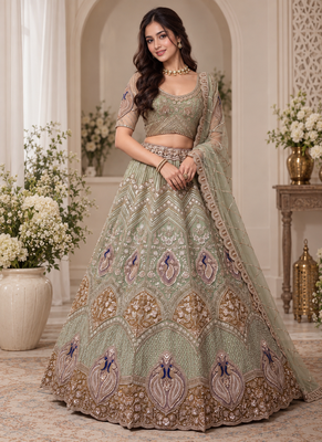 Light Green Color Embroidered,Beads,Zari And Sequins Work Net Lehnega Choli 1