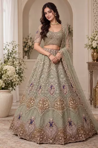 Light Green Color Embroidered,Beads,Zari And Sequins Work Net Lehnega Choli