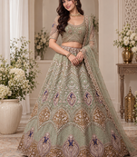 Light Green Color Embroidered,Beads,Zari And Sequins Work Net Lehnega Choli