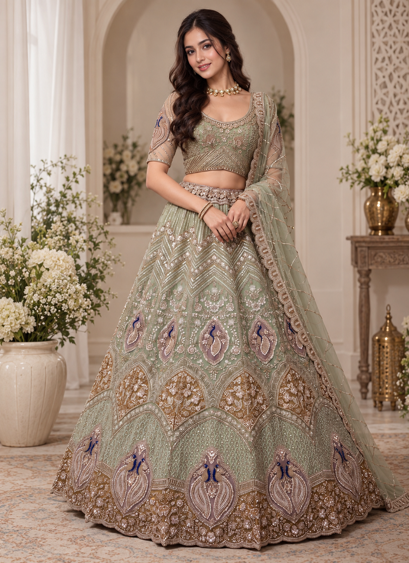 Light Green Color Embroidered,Beads,Zari And Sequins Work Net Lehnega Choli