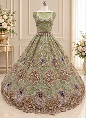 Light Green Color Embroidered,Beads,Zari And Sequins Work Net Lehnega Choli 3