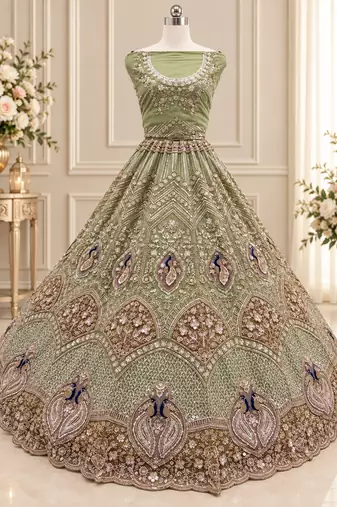 Light Green Color Embroidered,Beads,Zari And Sequins Work Net Lehnega Choli