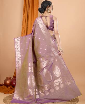 lavender zari work banarasi silk blend saree with blouse 4