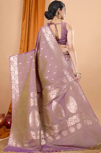 lavender zari work banarasi silk blend saree with blouse