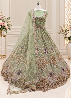 Light Green Color Embroidered,Beads,Zari And Sequins Work Net Lehnega Choli 4