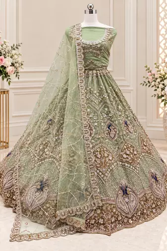 Light Green Color Embroidered,Beads,Zari And Sequins Work Net Lehnega Choli