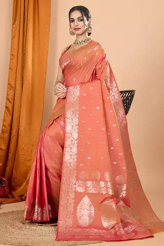 rust zari work banarasi silk blend saree with blouse