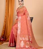 rust zari work banarasi silk blend saree with blouse