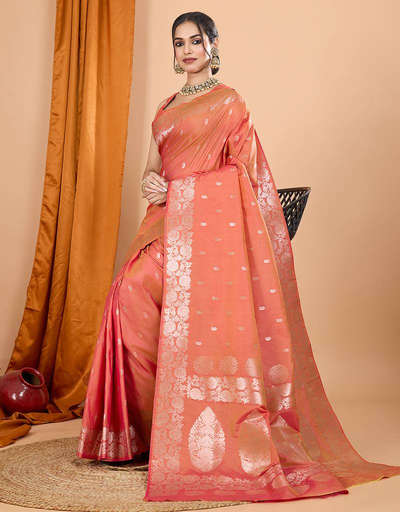 Rust zari work banarasi silk saree with blouse