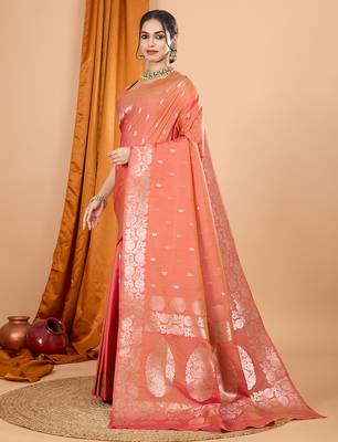 rust zari work banarasi silk blend saree with blouse 3