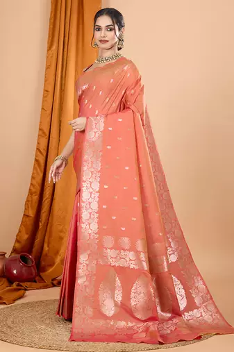 rust zari work banarasi silk blend saree with blouse