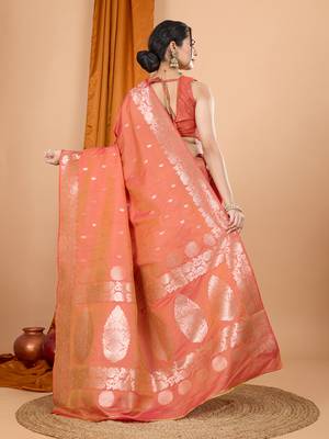 rust zari work banarasi silk blend saree with blouse 4