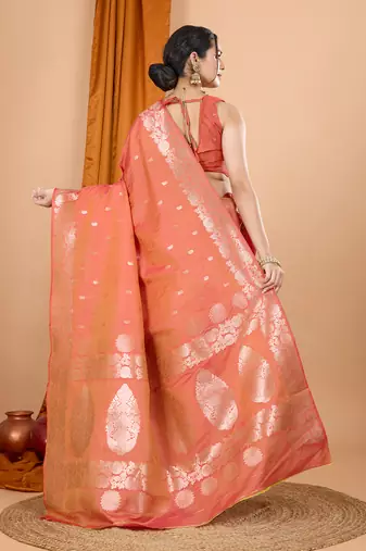 rust zari work banarasi silk blend saree with blouse
