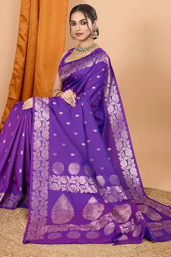 purple zari work banarasi silk blend saree with blouse