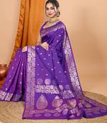 purple zari work banarasi silk blend saree with blouse