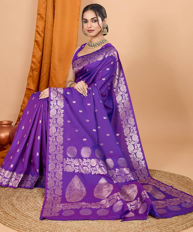 Purple zari work banarasi silk saree with blouse