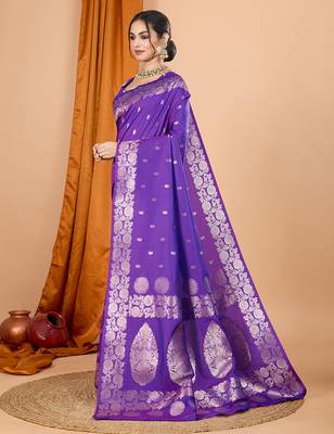 purple zari work banarasi silk blend saree with blouse 3