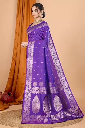 purple zari work banarasi silk blend saree with blouse