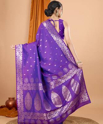 purple zari work banarasi silk blend saree with blouse 4