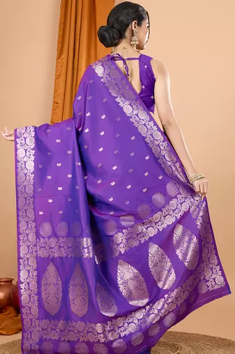 purple zari work banarasi silk blend saree with blouse