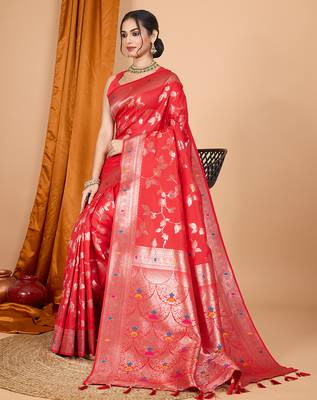 red zari work banarasi silk blend saree with blouse 1