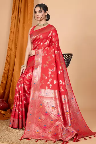 red zari work banarasi silk blend saree with blouse