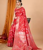 red zari work banarasi silk blend saree with blouse
