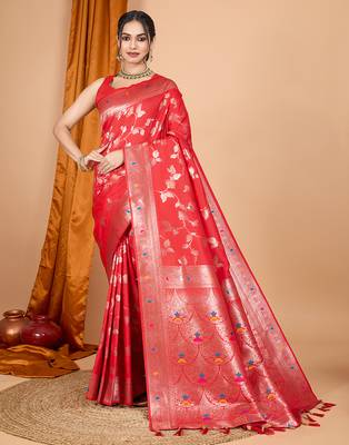 red zari work banarasi silk blend saree with blouse 2