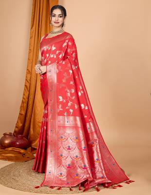 red zari work banarasi silk blend saree with blouse 3