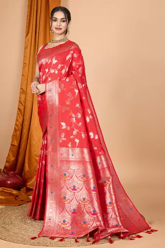 red zari work banarasi silk blend saree with blouse